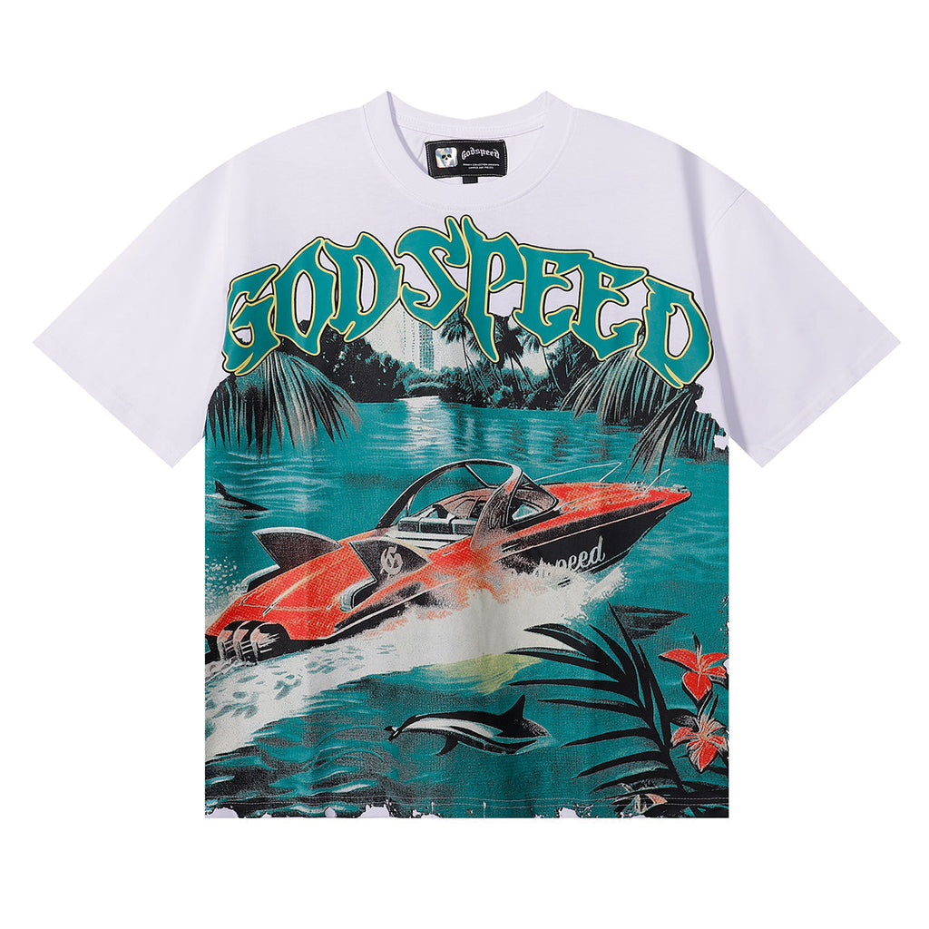Godspeed T-shirts Speedboat Shark Print Cotton Crew Neck Short Sleeve Men and Women