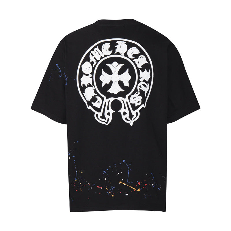 CHH Chrome Heart T Shirts Cross Leather Print Short Sleeve T-Shirt Loose