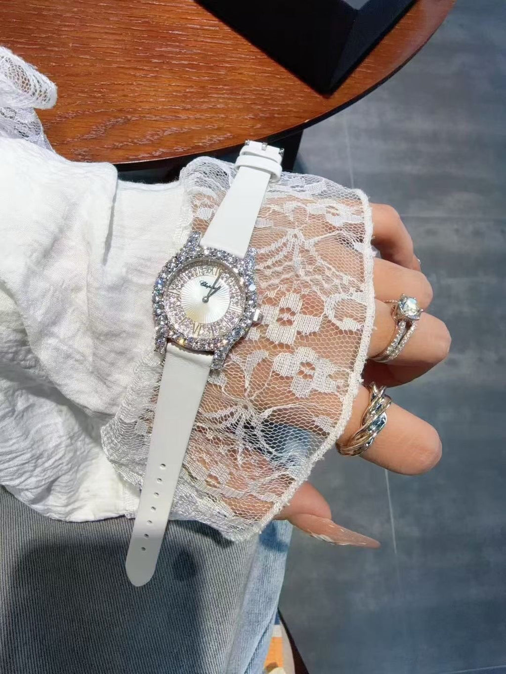 Chopard White Strap Stone-Set Oval Watch