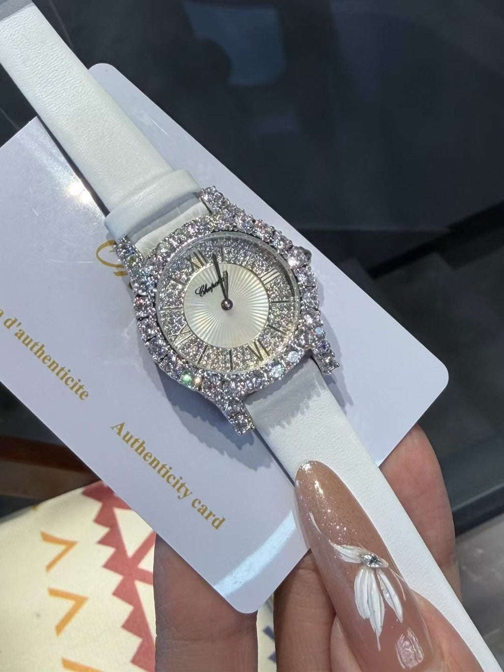 Chopard White Strap Stone-Set Oval Watch