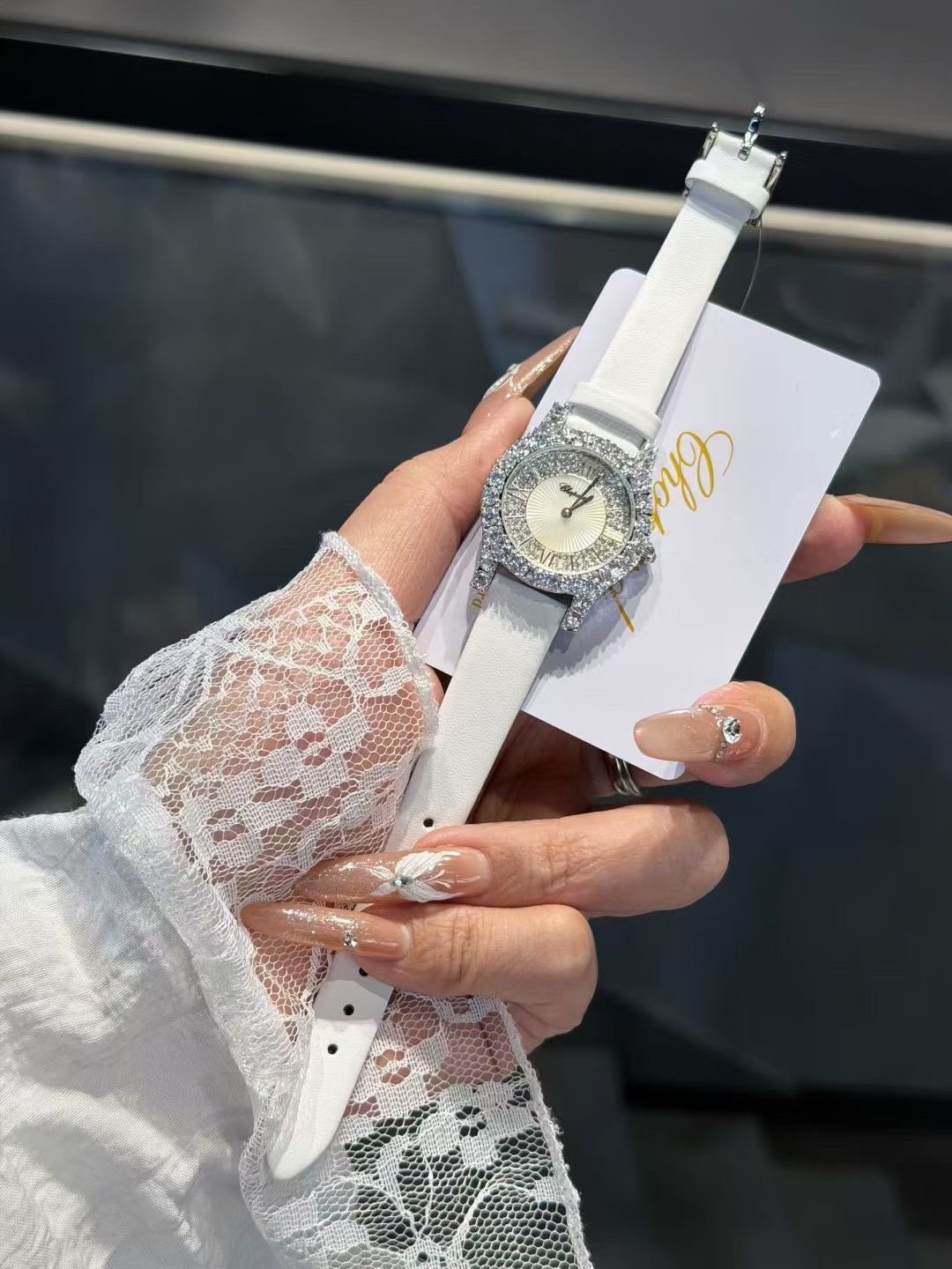 Chopard White Strap Stone-Set Oval Watch