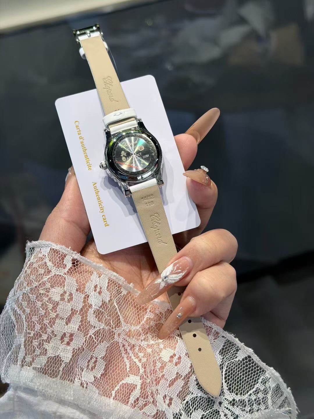 Chopard White Strap Stone-Set Oval Watch