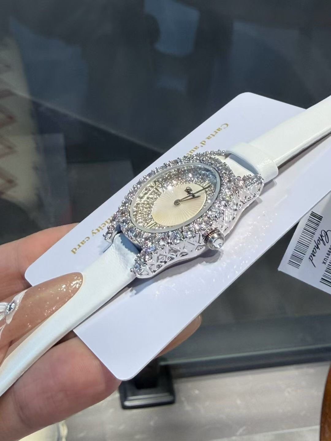 Chopard White Strap Stone-Set Oval Watch
