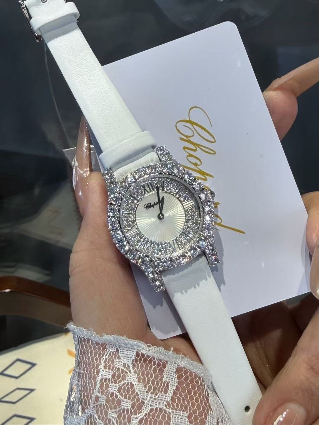 Chopard White Strap Stone-Set Oval Watch